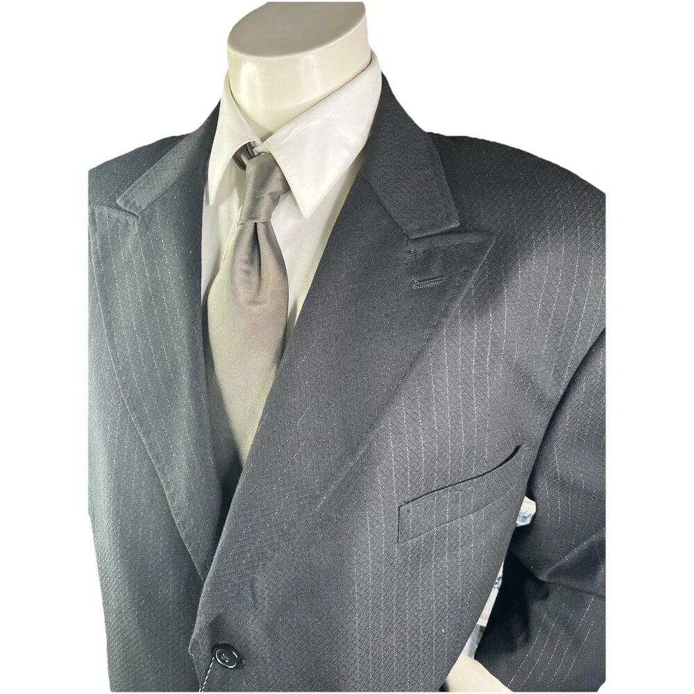 Gianni Uomo Suit Designed in Italy 50R 46x30 Super 120 Black Pinstriped Wide Leg